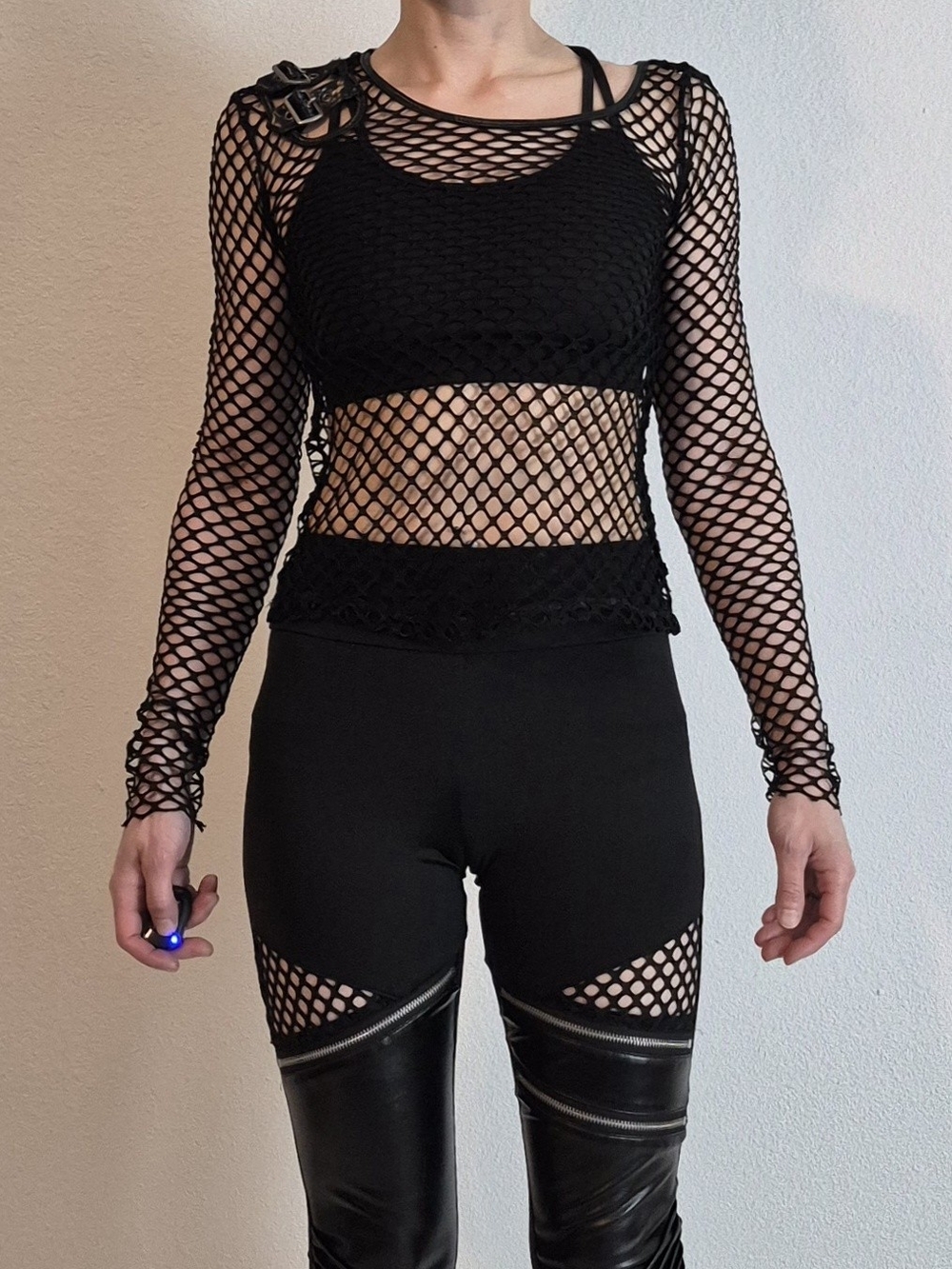 Punk Rave Black Strappy Wide Fishnet Long Sleeve Top Size S